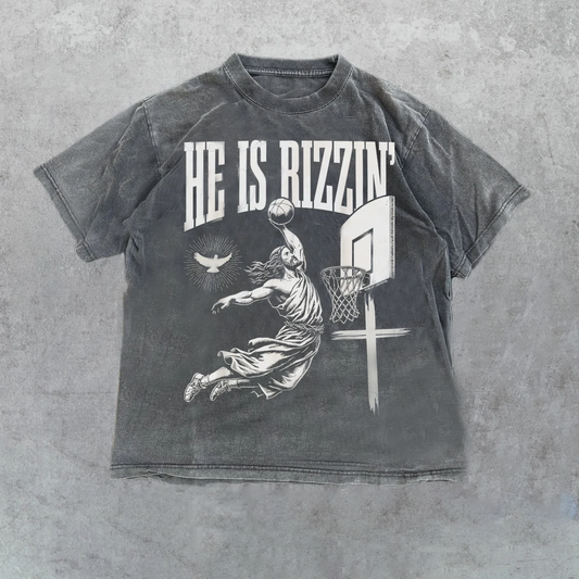 Vintage 90s Jesus He Is Rizzin Christian Basketball Graphic Washed T-Shirt