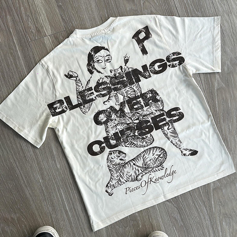 Vintage Blessings Over Curses Print Short Sleeve T-Shirt