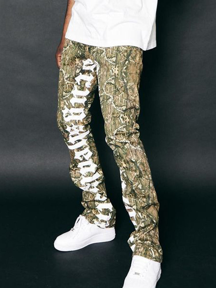 Vintage Jungle Camouflage Stack Graphic Flared Trousers