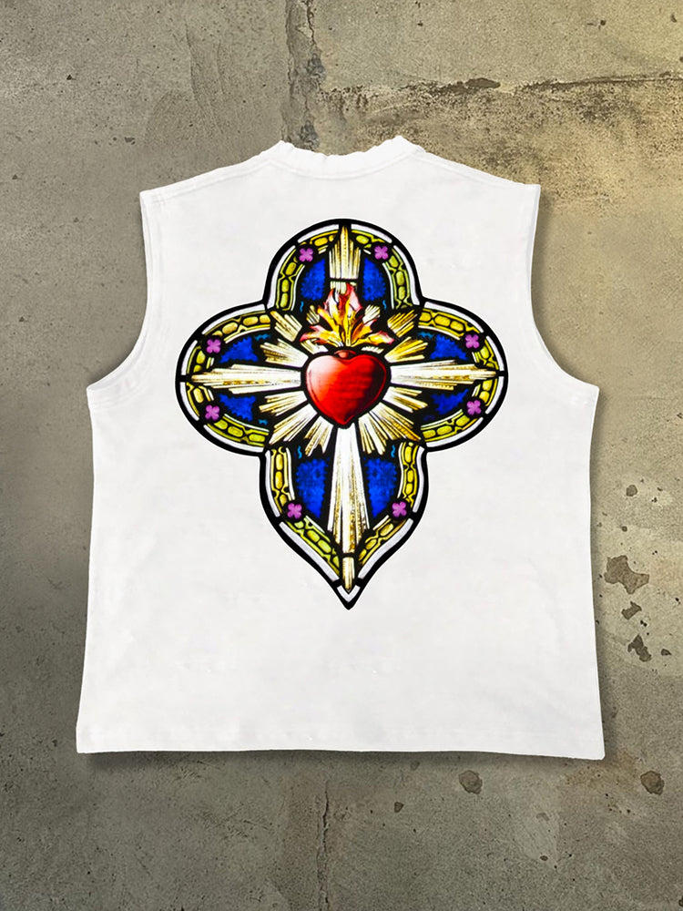 Men's God-Saint Heart Stained Glass Window Print Cotton Tank Top