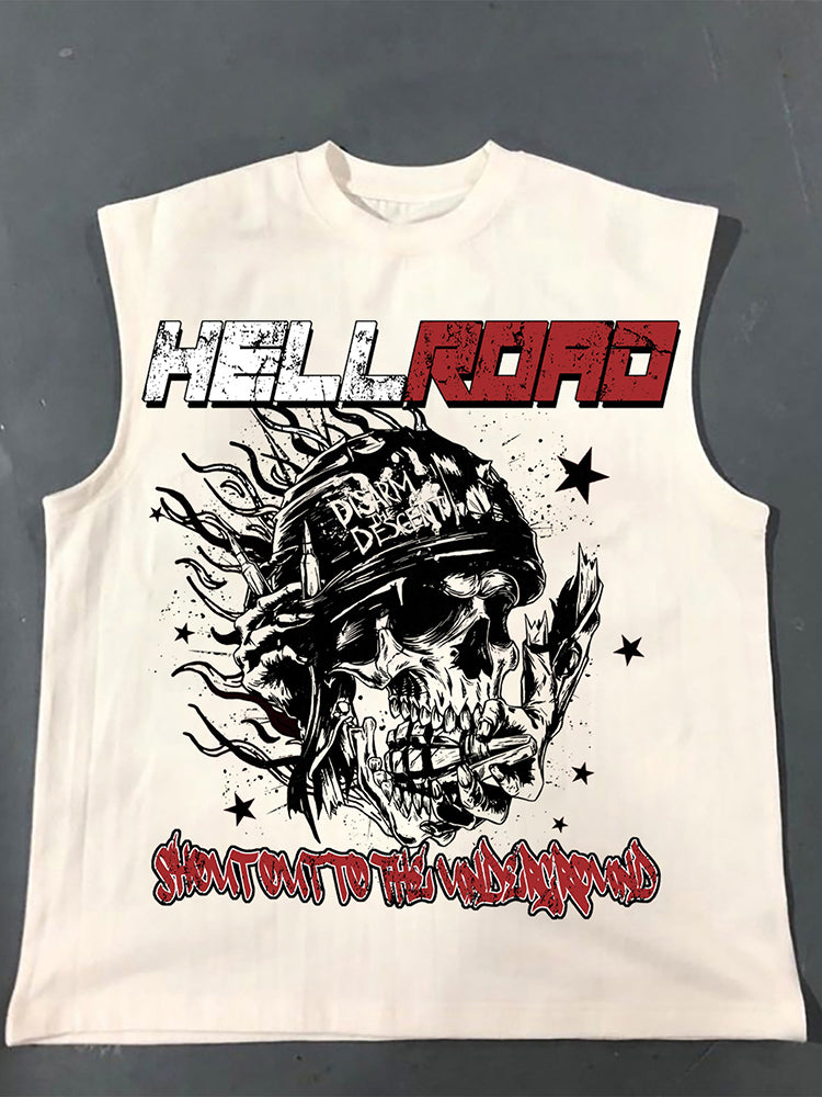 Casual Hell Road Retro Star Flame Skull Print Cotton Tank Top