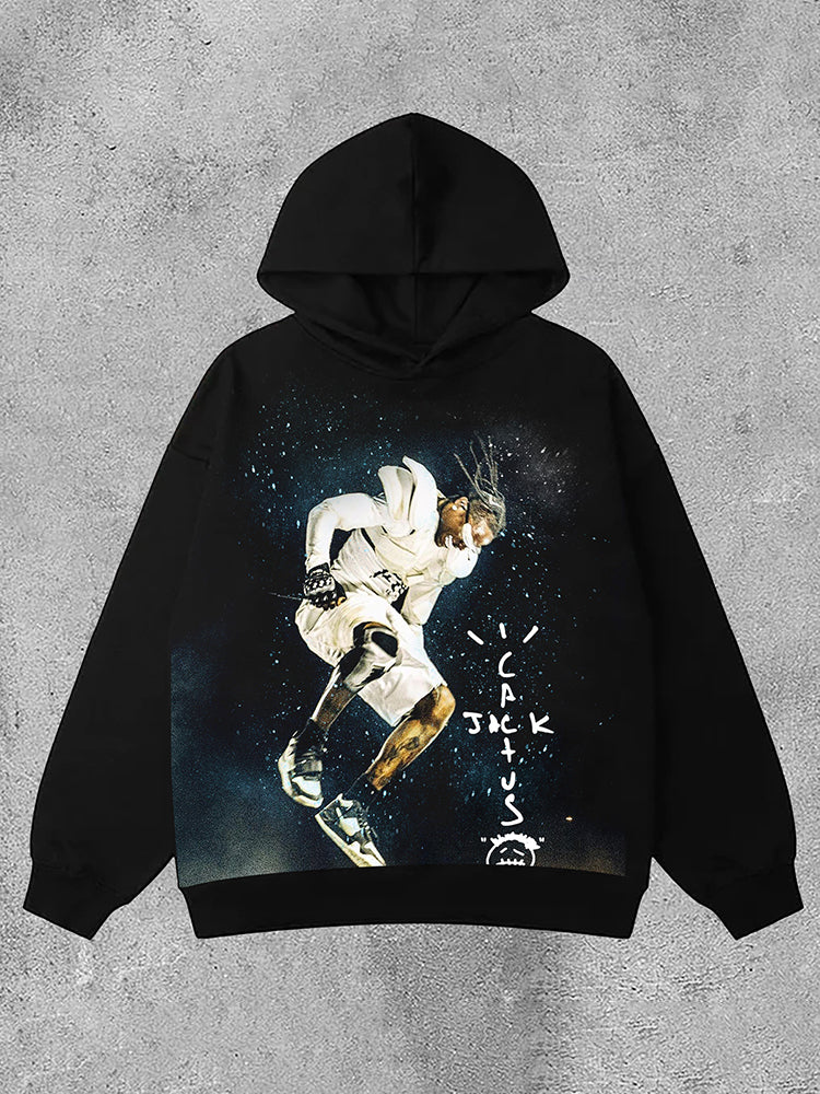 Vercoo Vintage Travis Scott Portrait Graphic Print Side Pockets Hoodie