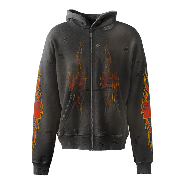 Vercoo Vintage Skater Flame Print Washed Cotton Zip-Up Hoodie