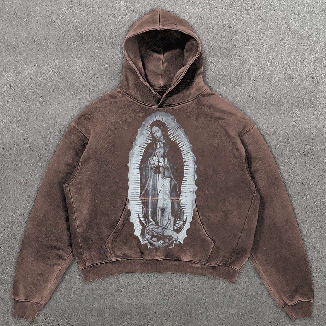 Vercoo Vintage Our Lady Of Guadalupe Graphic Acid Washed Oversized Hoodie