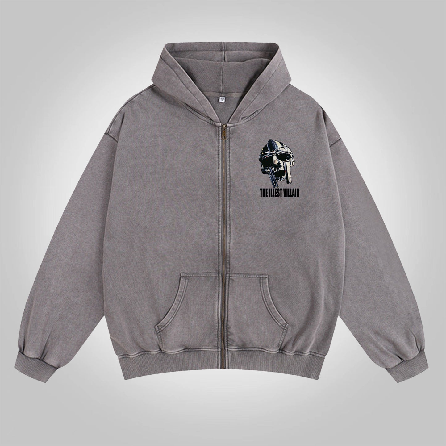 Vercoo Vintage The Illest Villain Mf Doom Graphic Washed Zip-Up Hoodie