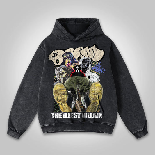 Vercoo Vintage The Illest Villain Mf Doom Graphic Print Washed Hoodie