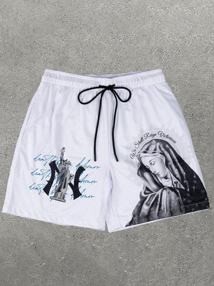 Vercoo Vintage Virgin Mary Liberty Printed Mesh Shorts