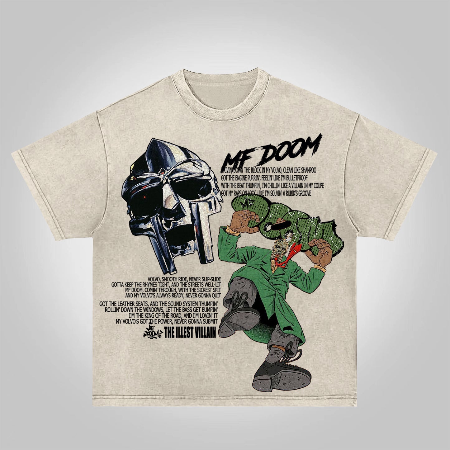 Vercoo Vintage The Illest Villain Mf Doom Graphic Print Acid Washed T-Shirt