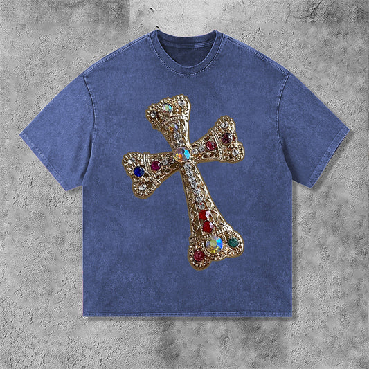 Diamond Cross Graphic Print Acid Washed T-Shirt