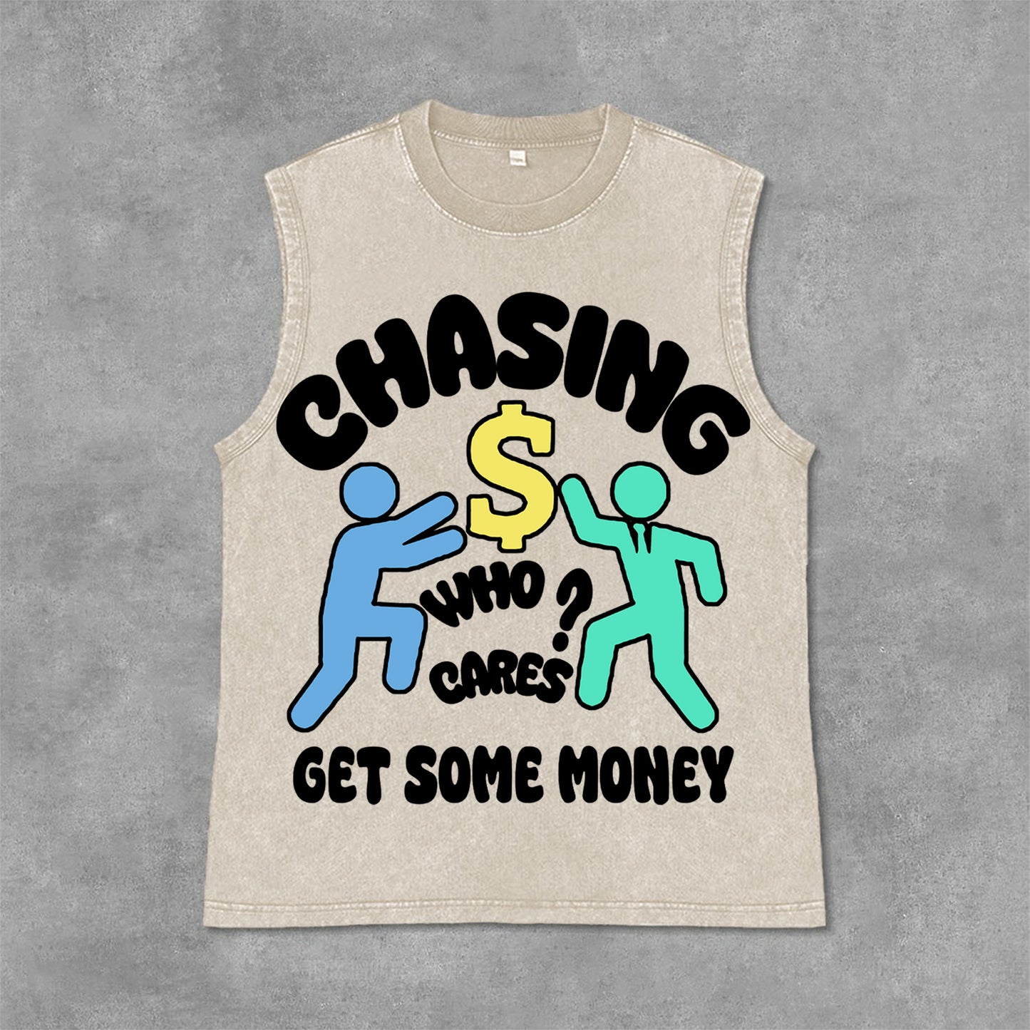 Vintage Chasing Money Graphic Print Casual Acid Washed Sleeveless Tank Top