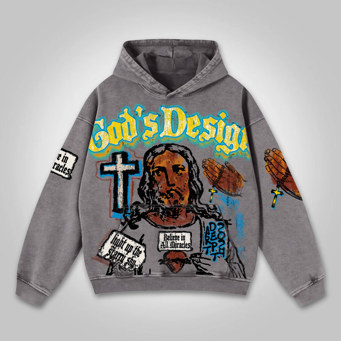 Vintage Jesus Graffiti Graphic God Design Washed Pocket Hoodie