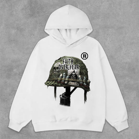 Vercoo War Helmet Faith Over Fear Graphic Print Side Pockets Hoodie