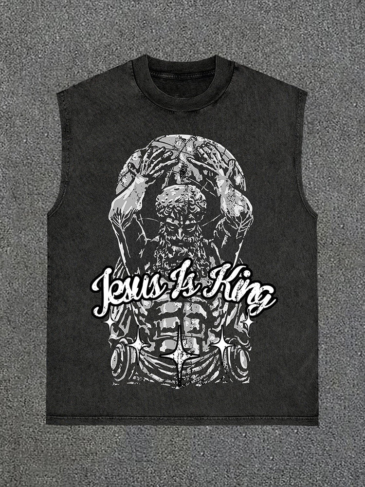 Jesus Power Fitness Print Vintage Wash Retro Sleeveless Tank Top