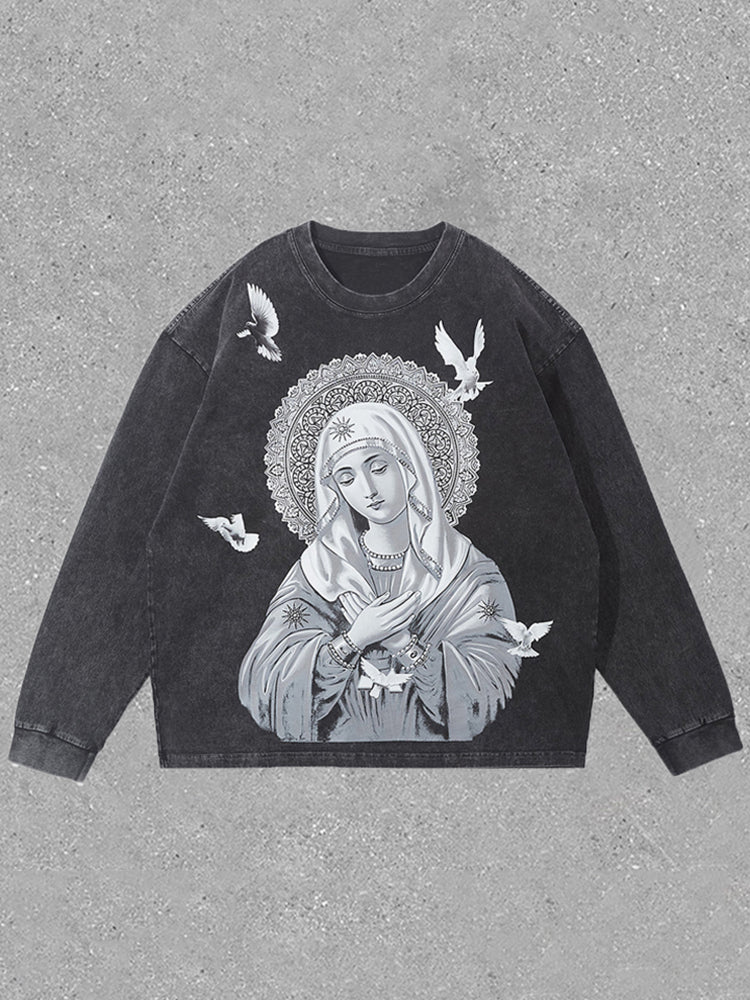 Vercoo Vintage Our Lady Of Guadalupe And Peace Dove Graphic Washed Long Sleeve T-Shirt