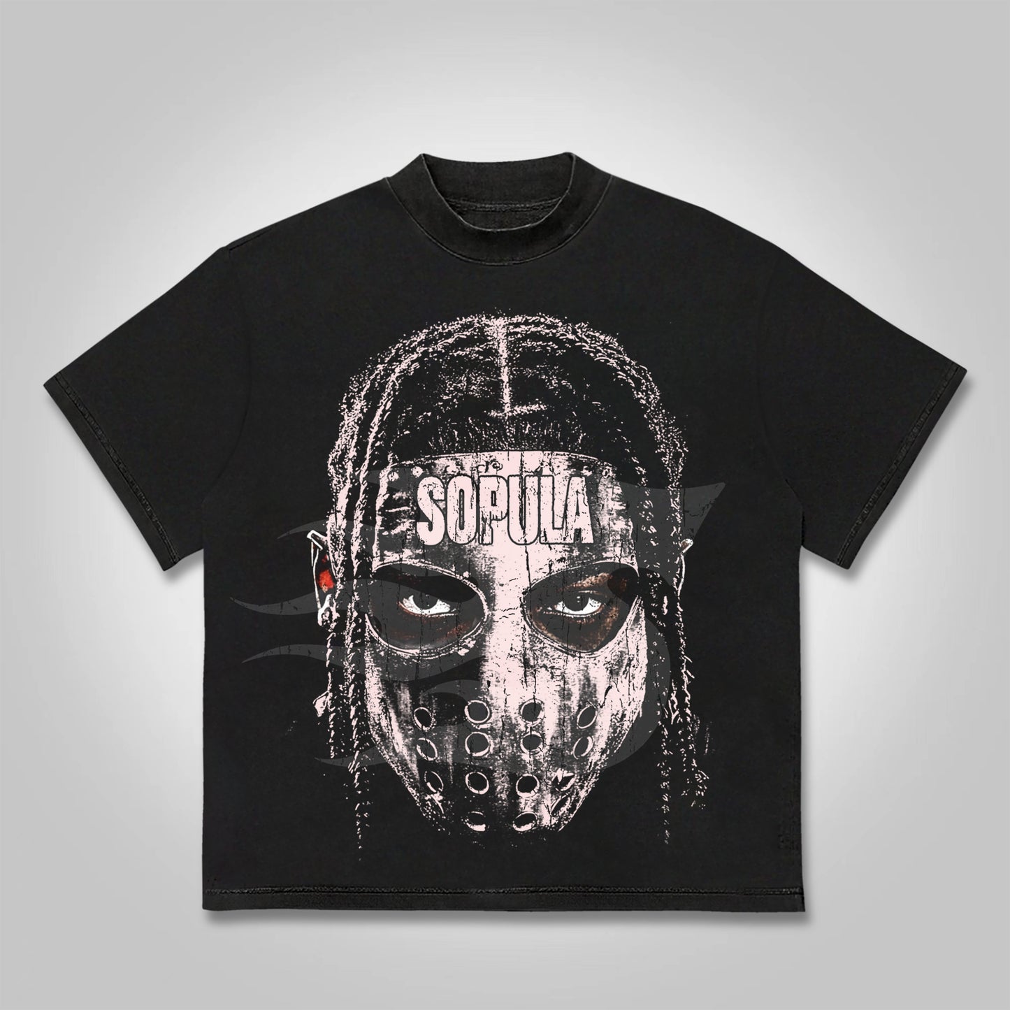 Vercoo Vintage Street Dirty Braid Mask Character Big Head Graphic Cotton T-shirt