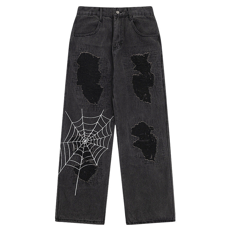 Vercoo Vintage Street Spider Web Embroidery Ripped Patch Jeans