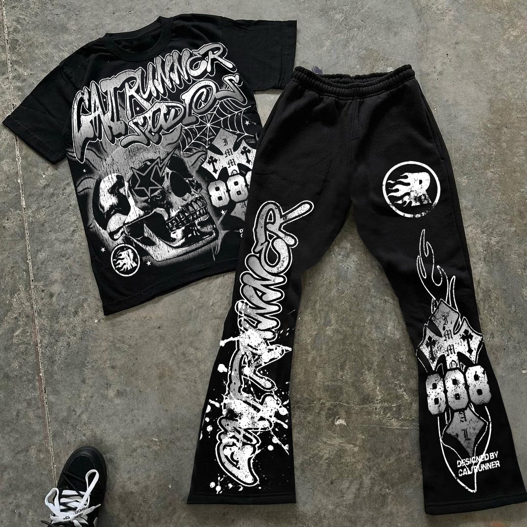 Flame Abstract Skull Graphics Short Sleeve Tee & Flared Trousers Two Piece Set