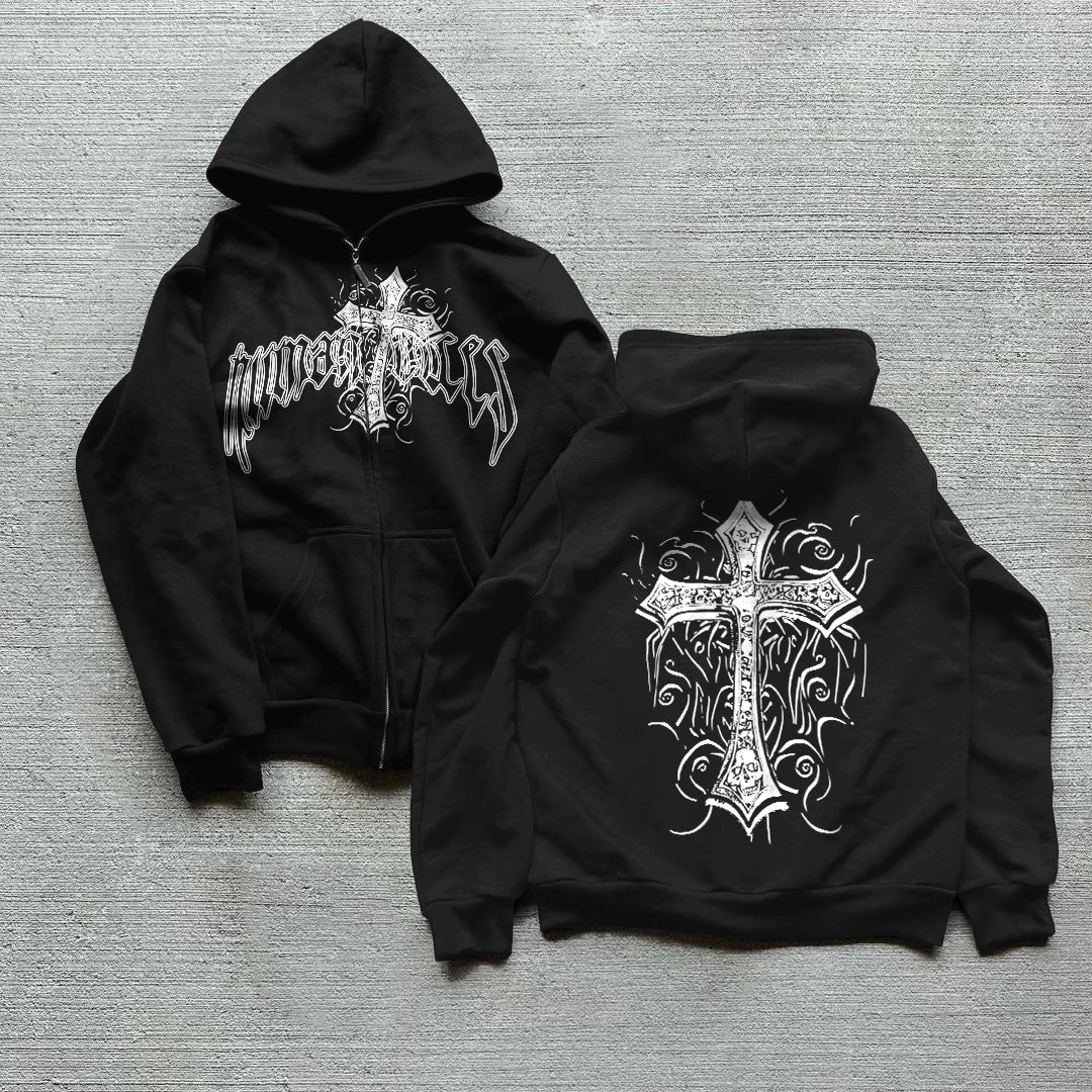 Gothic Style Cross Graphic Zip-Up Fleece Hoodie