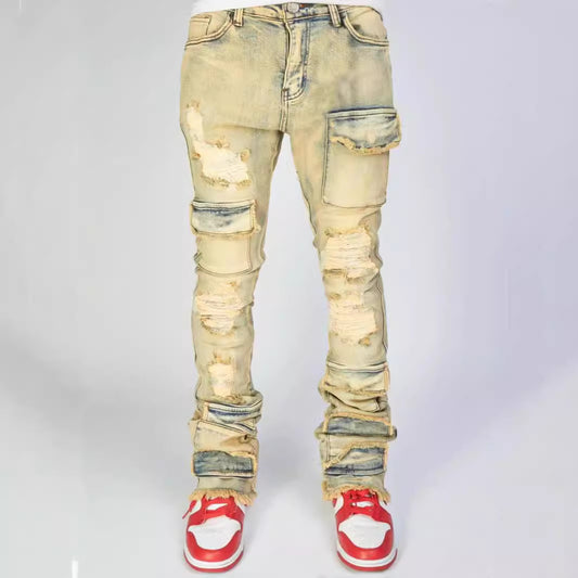 Men's Hiphop Fashion Stretch Ripped Denim Layered Jeans