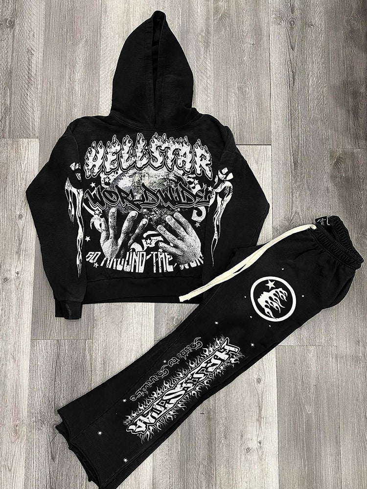 Vintage Hellstar Worldwide Graphic Hip-Hop Hoodie & Flared Men Trousers Two Piece Set