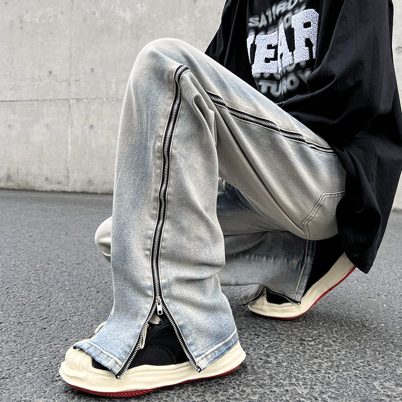 Men's Trendy Ins Loose Trousers Zipper Slit Jeans