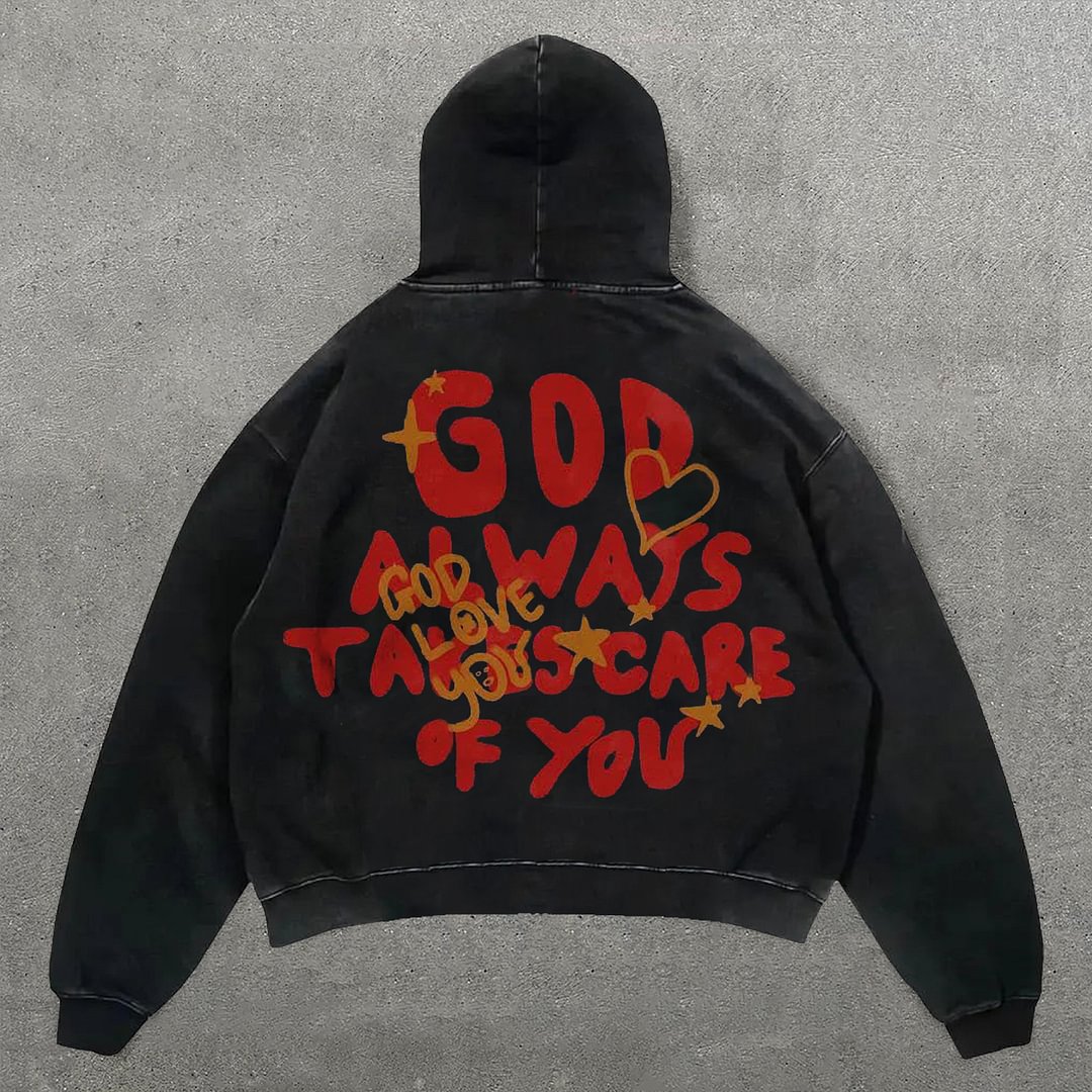 Vercoo Vintage Unisex God Always Takes Care Of You Graphic Acid Washed Oversized Hoodie