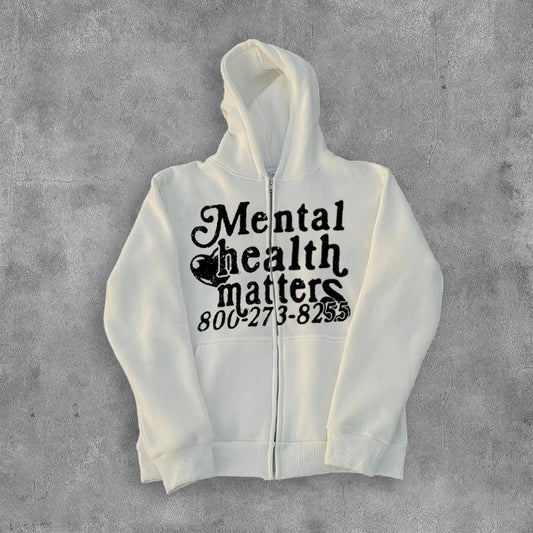 Mental Health Matters Graphic Print Fleece Zip Up Hoodie