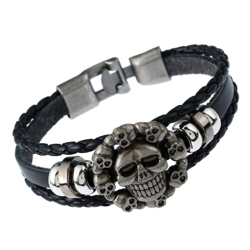 Men's Braided Skull Leather Bracelet