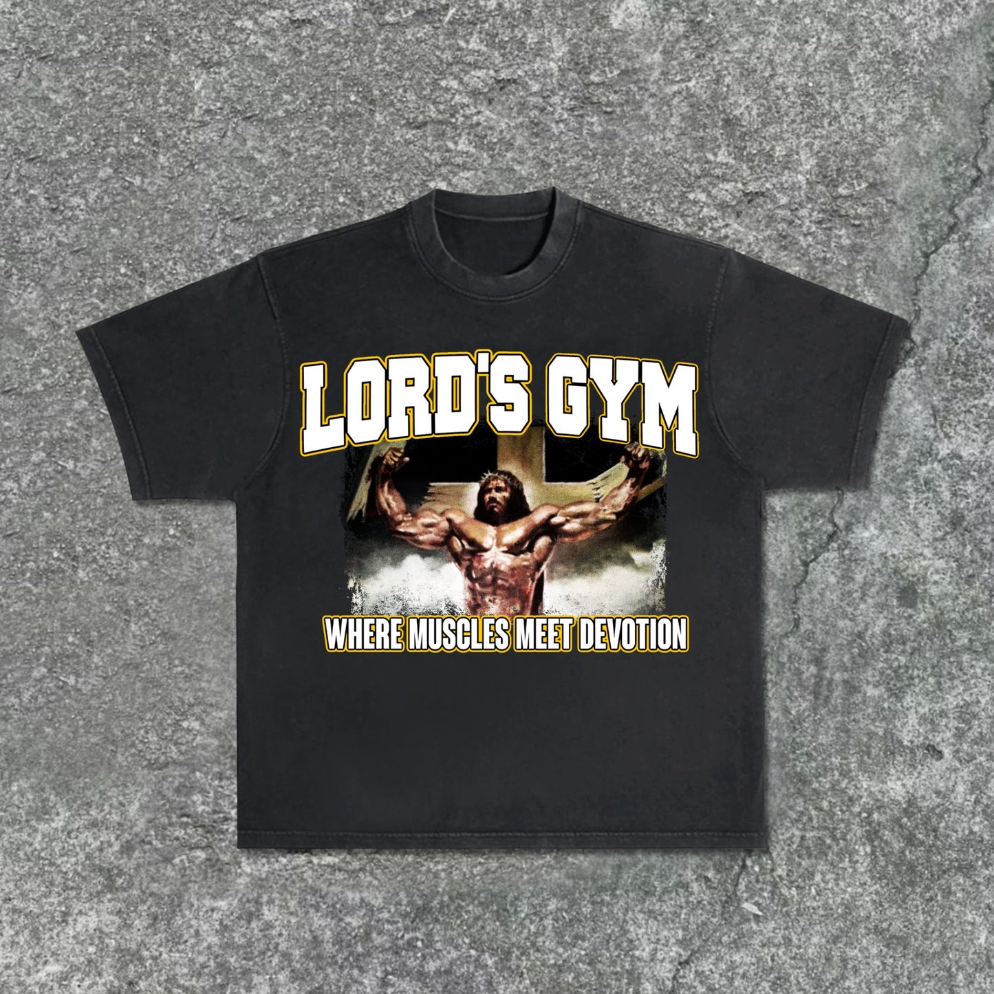 Jesus God Gospel Sports Letters - Lord's Gym - Printed Pattern Acid Washed T-Shirt