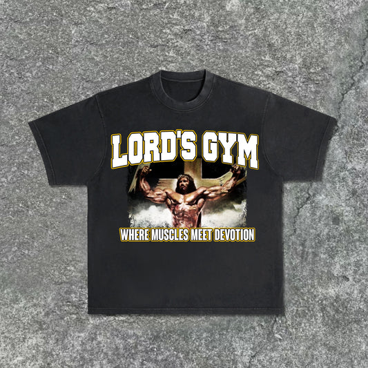 Jesus God Gospel Sports Letters - Lord's Gym - Printed Pattern Acid Washed T-Shirt