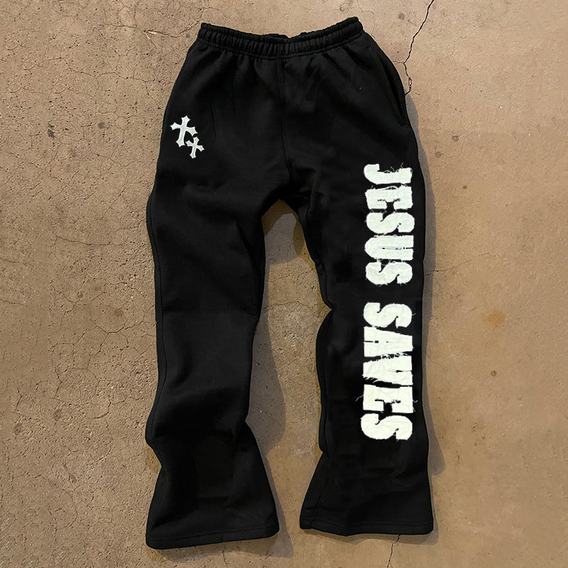 Vercoo Vintage Jesus Saves Print Casual Flared Sweatpants