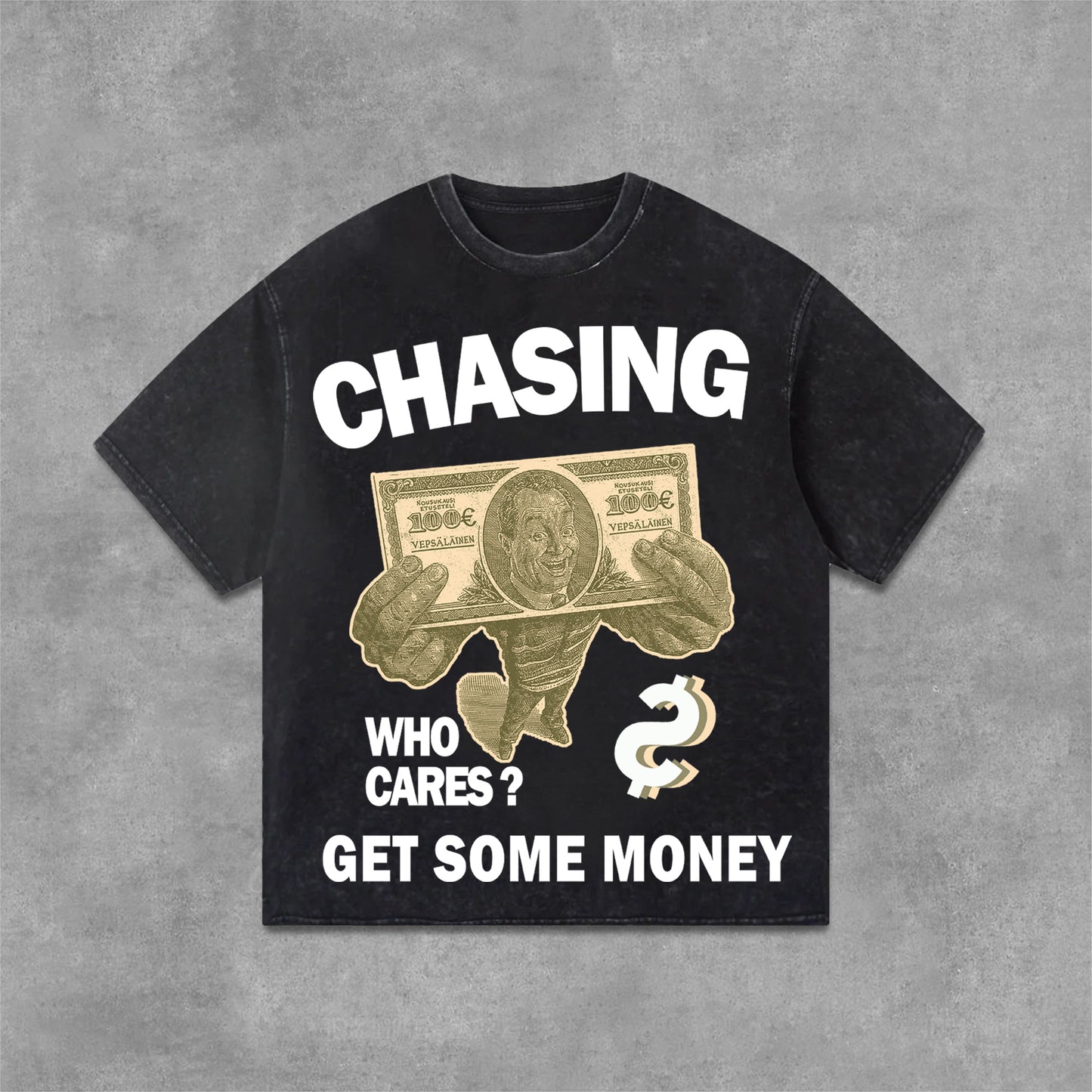 Men's Chasing Money Graphic Print Acid Washed Cotton T-Shirt