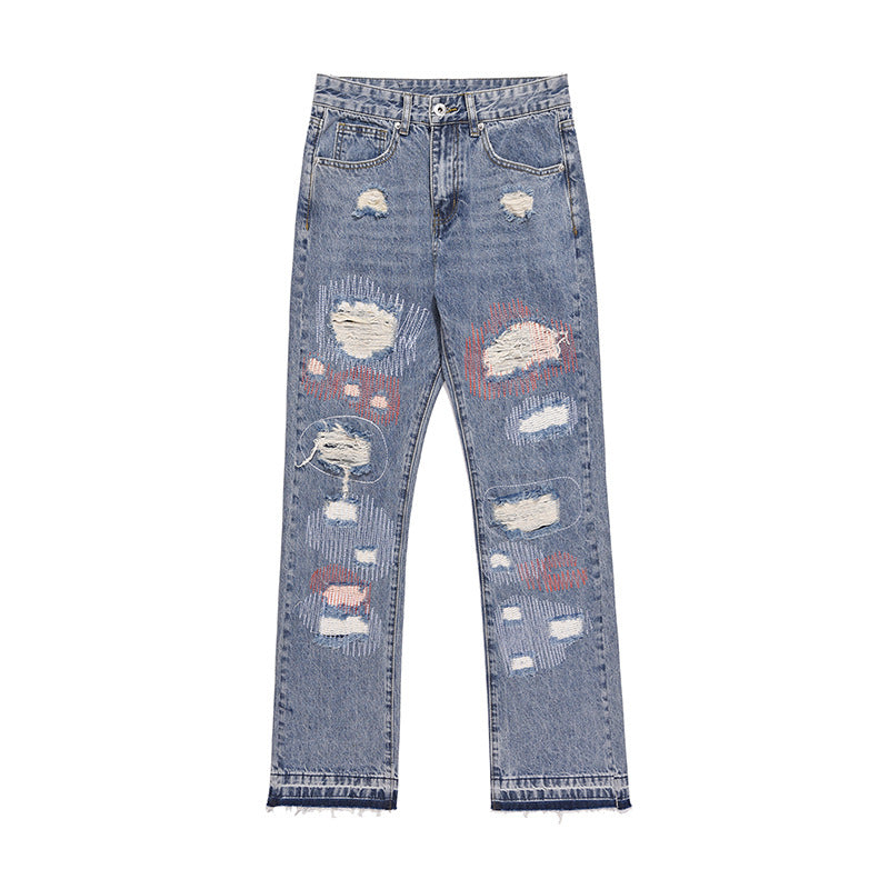 Men's Street Embroidered Ripped Jeans