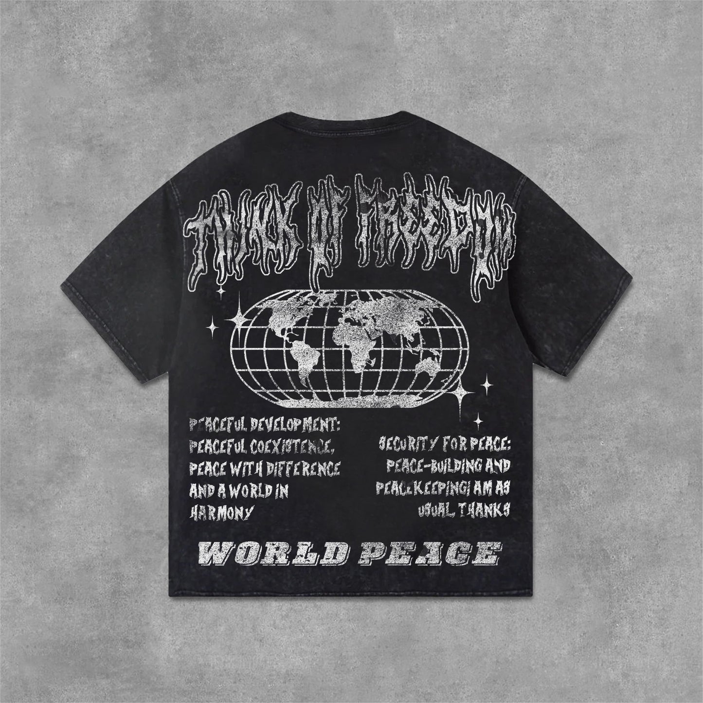 Vercoo World Pacifist Anti-War Skull Print Graphics Washed T-Shirt