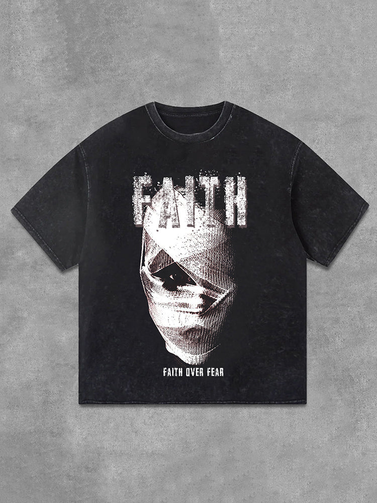 Vercoo Vintage Mummy Faith Over Fear Graphic Print Acid Washed T-Shirt