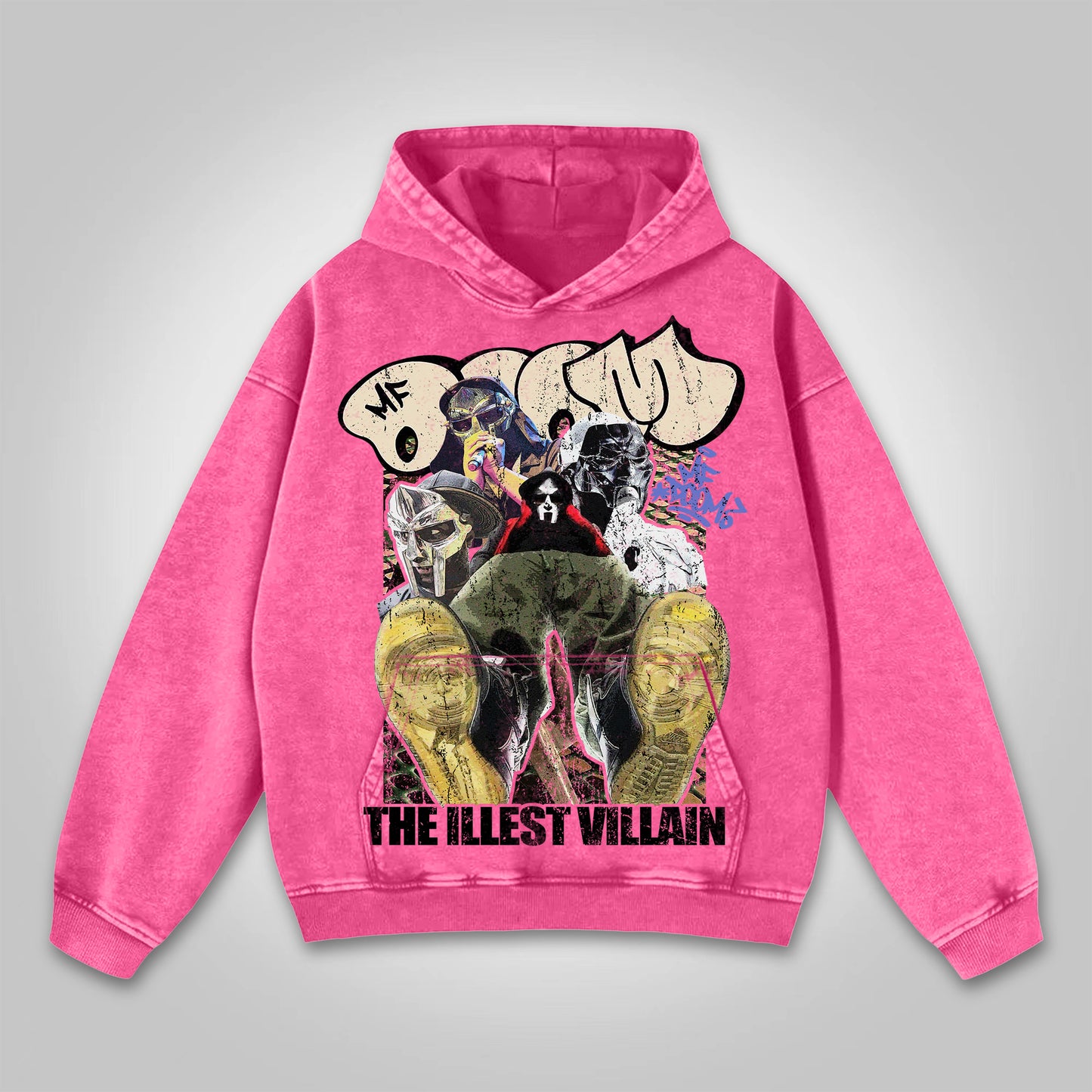 Vercoo Vintage The Illest Villain Mf Doom Graphic Print Washed Hoodie