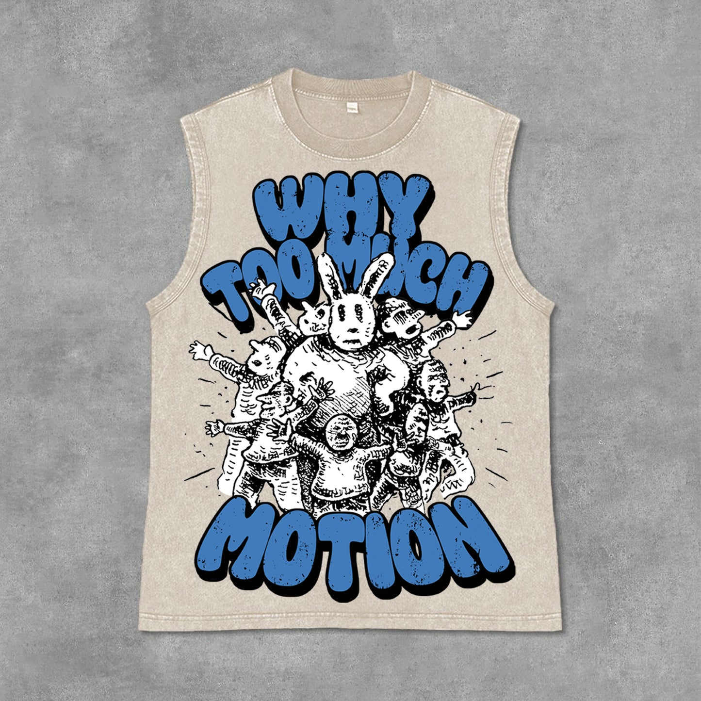 Vintage Why Too Much Motion Graphic Print Acid Washed Sleeveless Tank Top