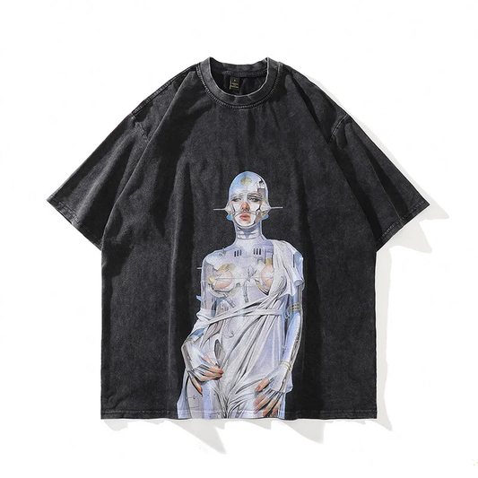 Vercoo Vintage Robo Goddess Graphic Print Acid Wash Oversized T-Shirt