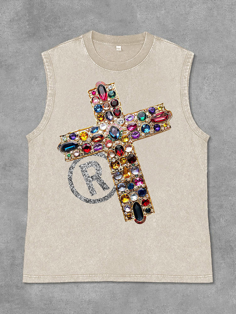 Diamond Cross Graphic Print Casual Acid Washed Sleeveless Tank Top