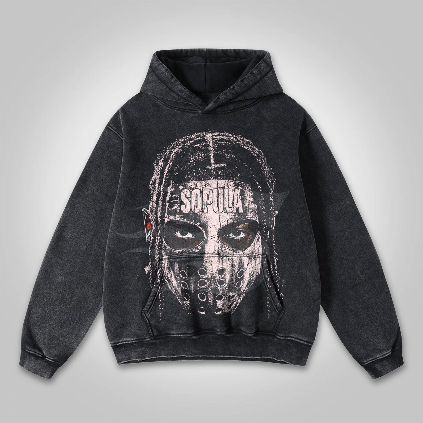 Vercoo Vintage Street Dirty Braid Mask Character Big Head Graphic Pocket Washed Hoodie