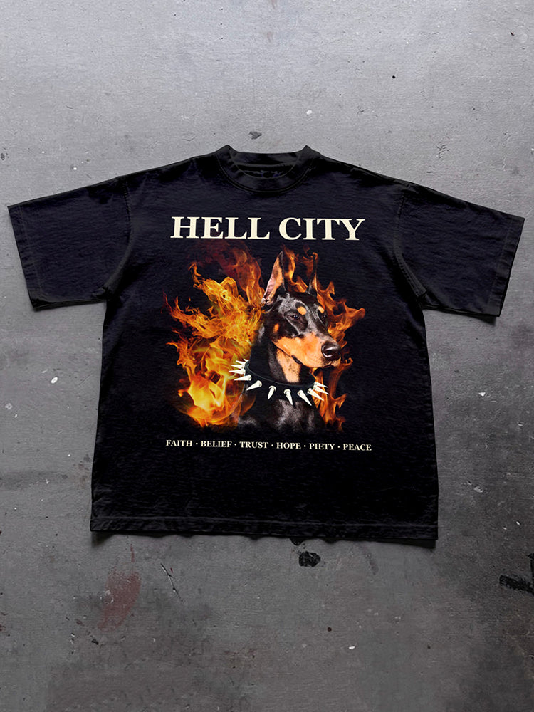 Hell City - Flame Dobern Printed Graphic Cotton T-Shirt