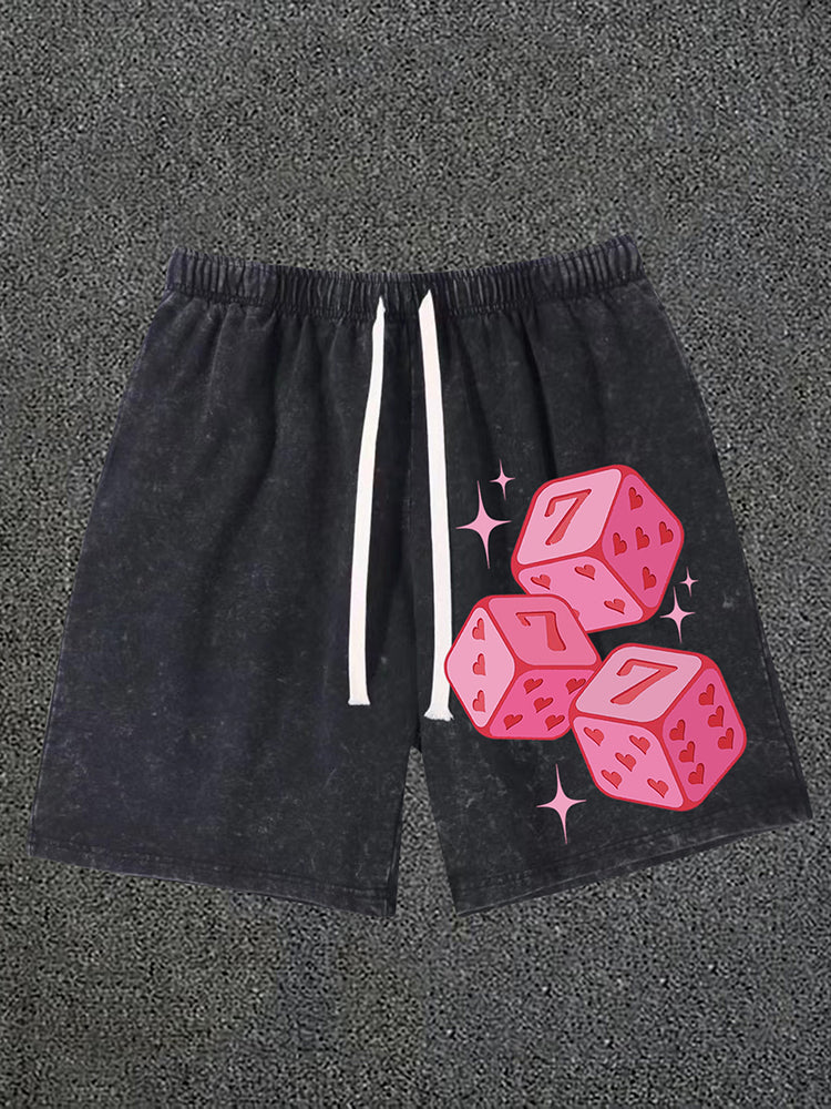 Pink 777 Fun Dice Print Acid Washed Drawstring Shorts