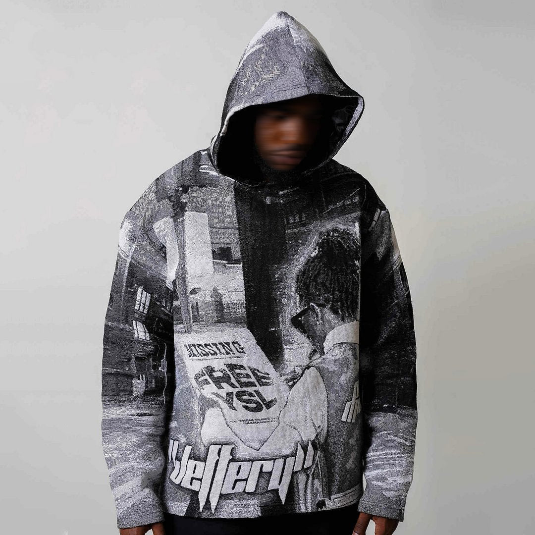 Art Retro Jeffery Graphic Tapestry Knit Hoodie