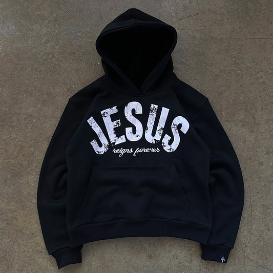 Vercoo Vintage Jesus Reigns Forever Graphics Hoodie