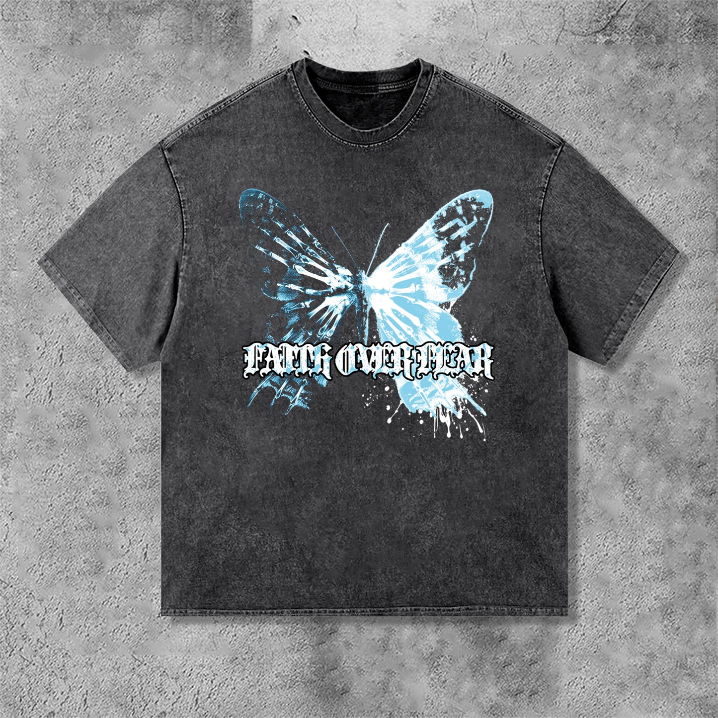 Irregular Butterfly Graphics Faith Over Fear Print Acid Washed T-Shirt