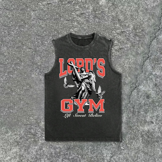 Jesus God Gospel Sports Letters - Lord's Gym - Printed Pattern Vintage Wash Sleeveless Tank Top