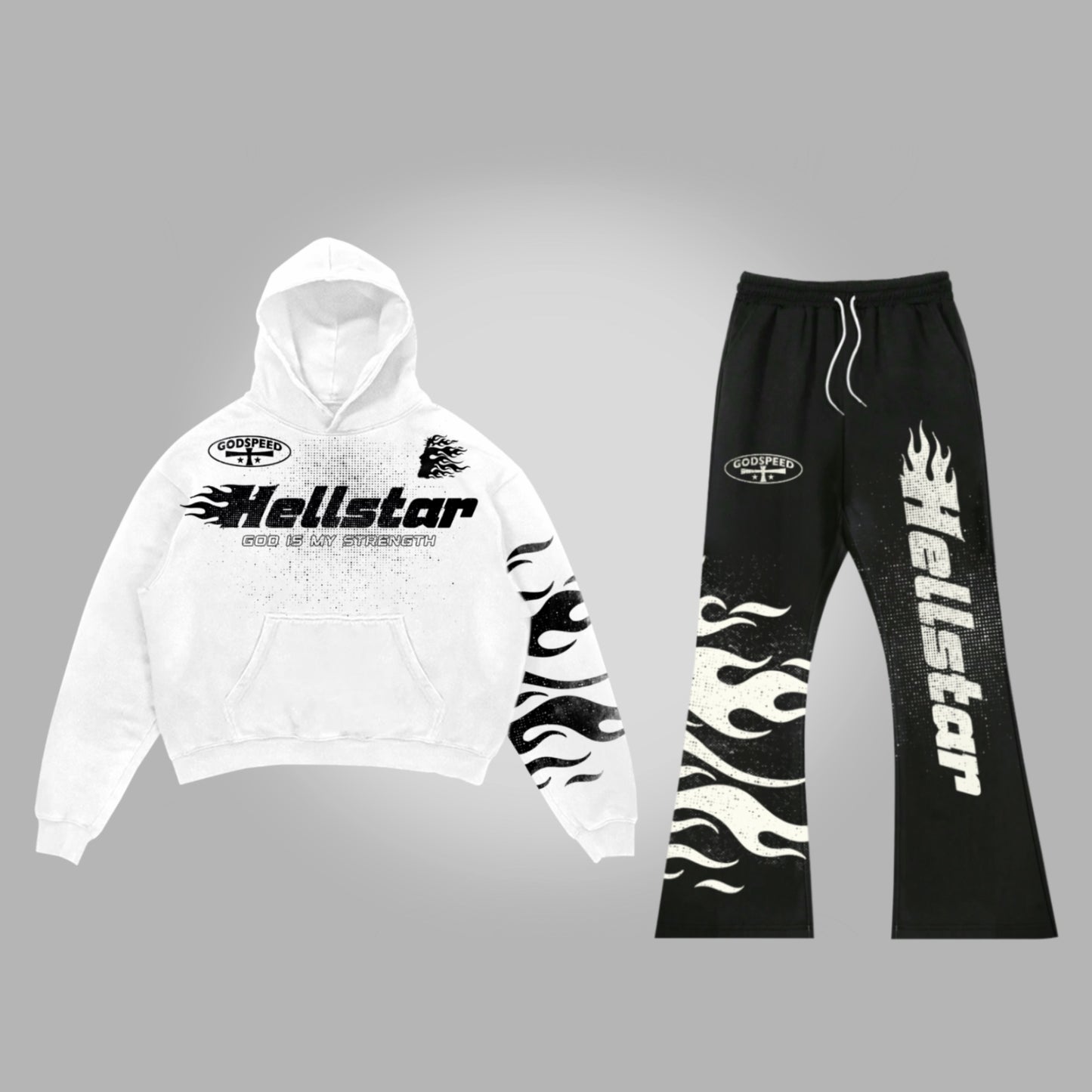 Vercoo Vintage Jesus Flame Hellstar Graphic Hoodie & Flared Trousers Two Piece Set