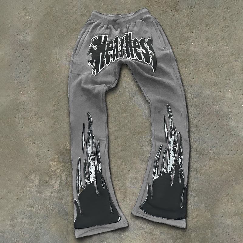 Men's Vintage Heartless Graphic Gray Flared Sweatpants