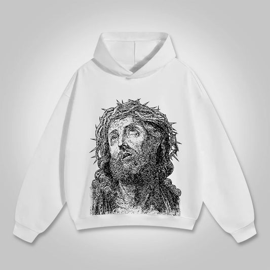 Vercoo Vintage Jesus Portrait Graphic Print Pocket Hoodie