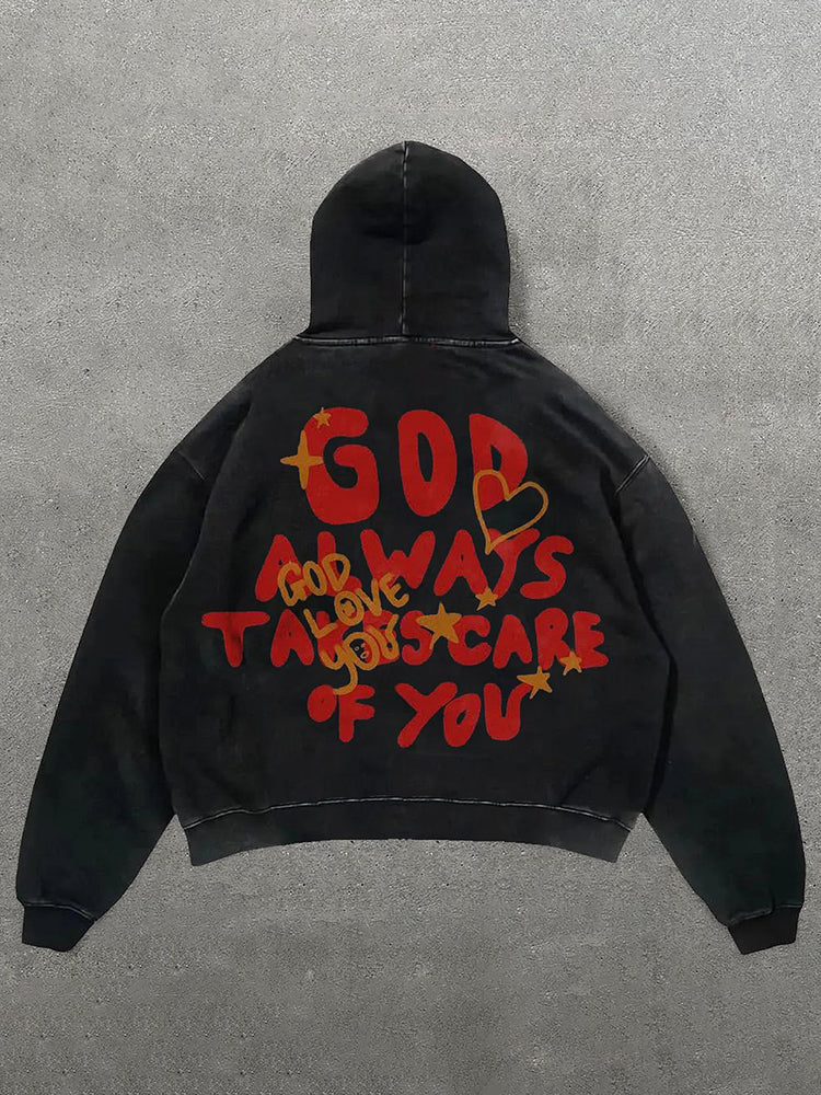 Vercoo Vintage Unisex God Always Takes Care Of You Graphic Acid Washed Oversized Hoodie